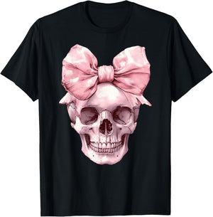 Cute Pink Coquette Bow Skull Spooky Halloween Women Girls T-Shirt - T-Shirt | Black