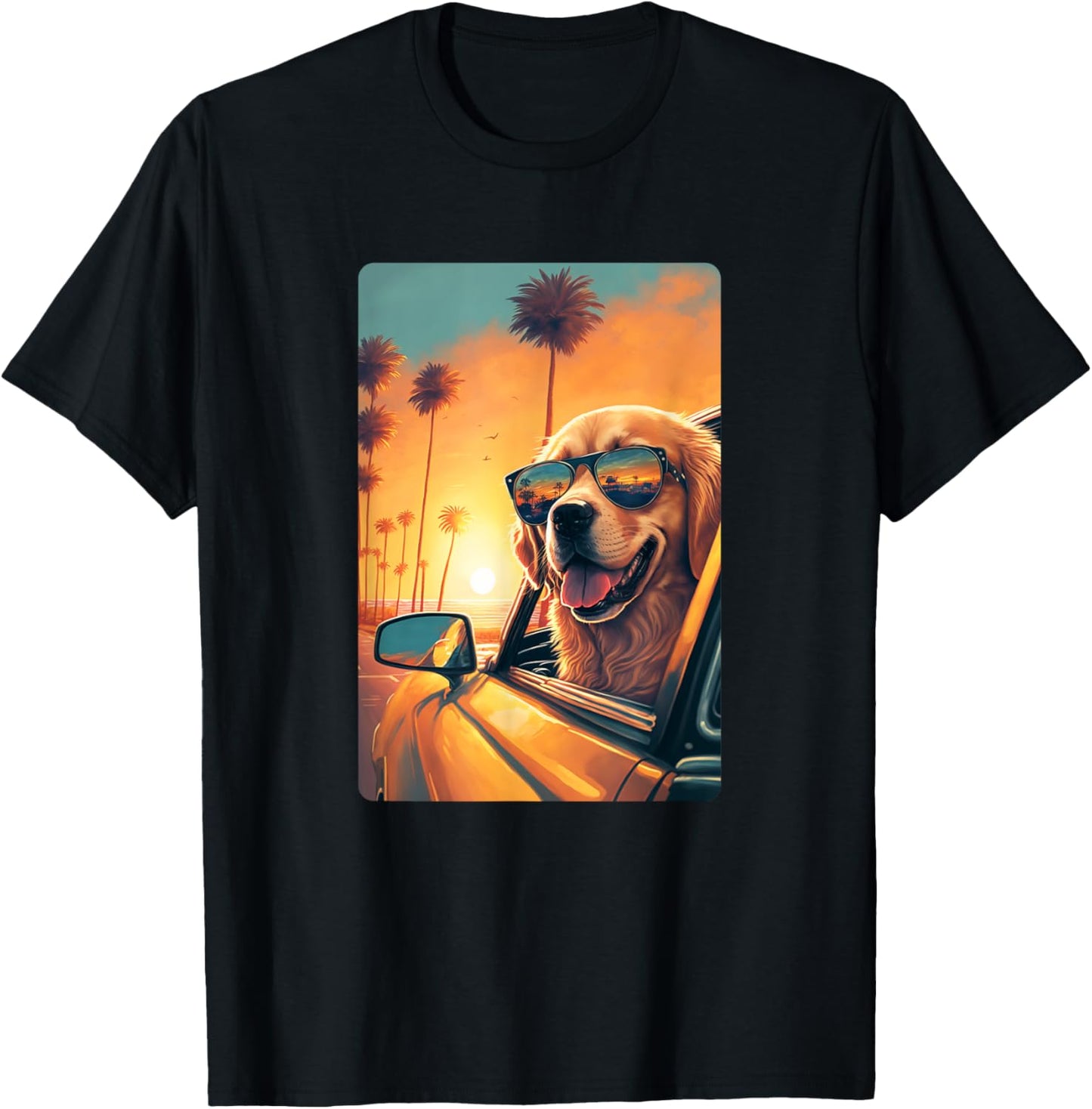 Golden Retriever Shirt Glasses Car Funny Golden Retriever T-Shirt - T-Shirt | Black
