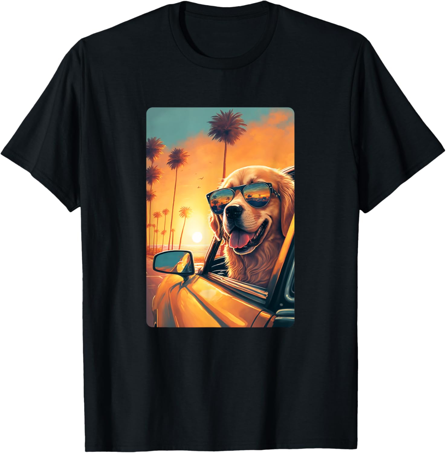 Golden Retriever Shirt Glasses Car Funny Golden Retriever T-Shirt - T-Shirt | Black