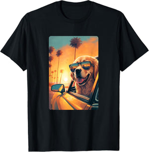 Golden Retriever Shirt Glasses Car Funny Golden Retriever T-Shirt - T-Shirt | Black