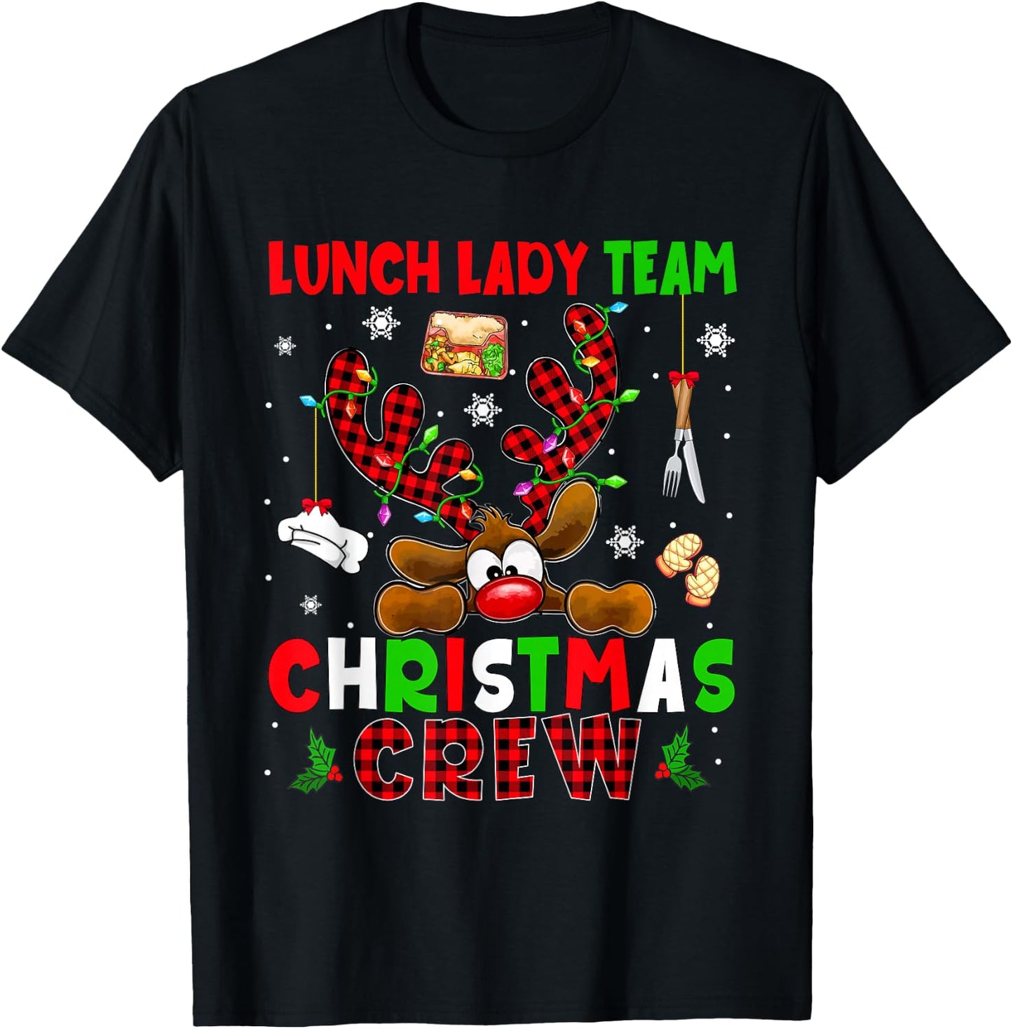 Lunch Lady Team Christmas Crew Proud Job Colorful Reindeer T-Shirt - T-Shirt | Black