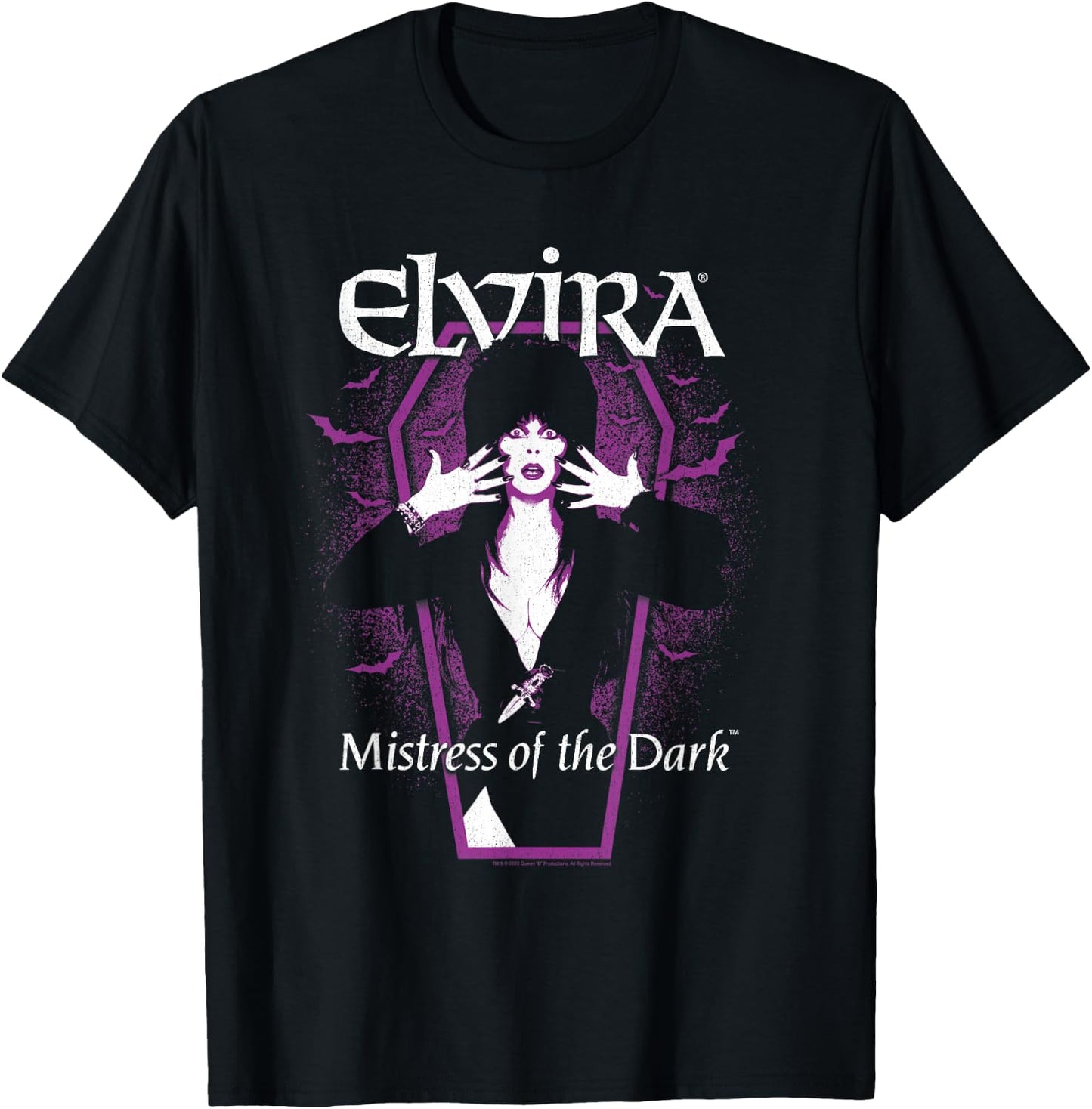 Elvira, Mistress of The Dark Purple Bats and Coffin T-Shirt - T-Shirt | Black