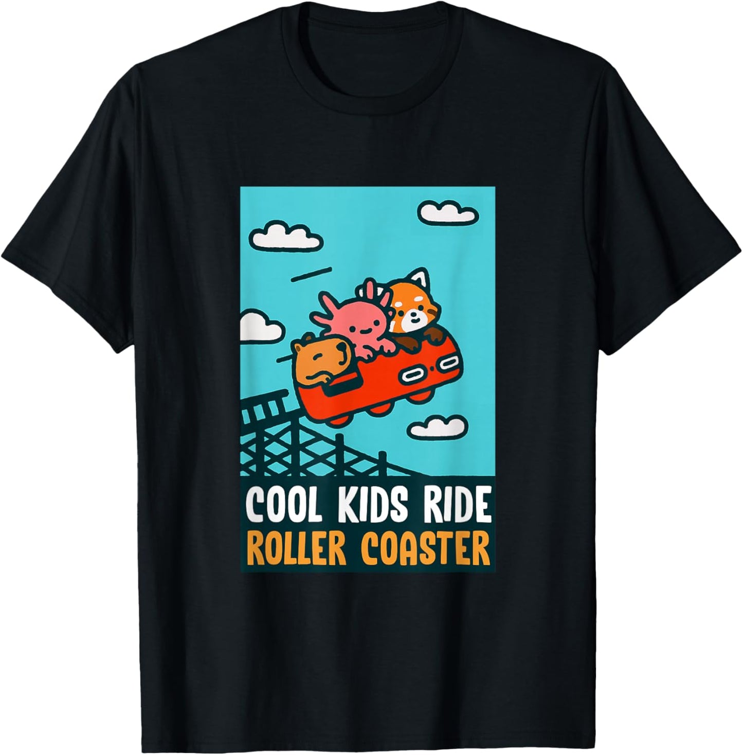 Red Panda, Axolotl, Capybara Riding A Roller Coaster Funny T-Shirt - T-Shirt | Black