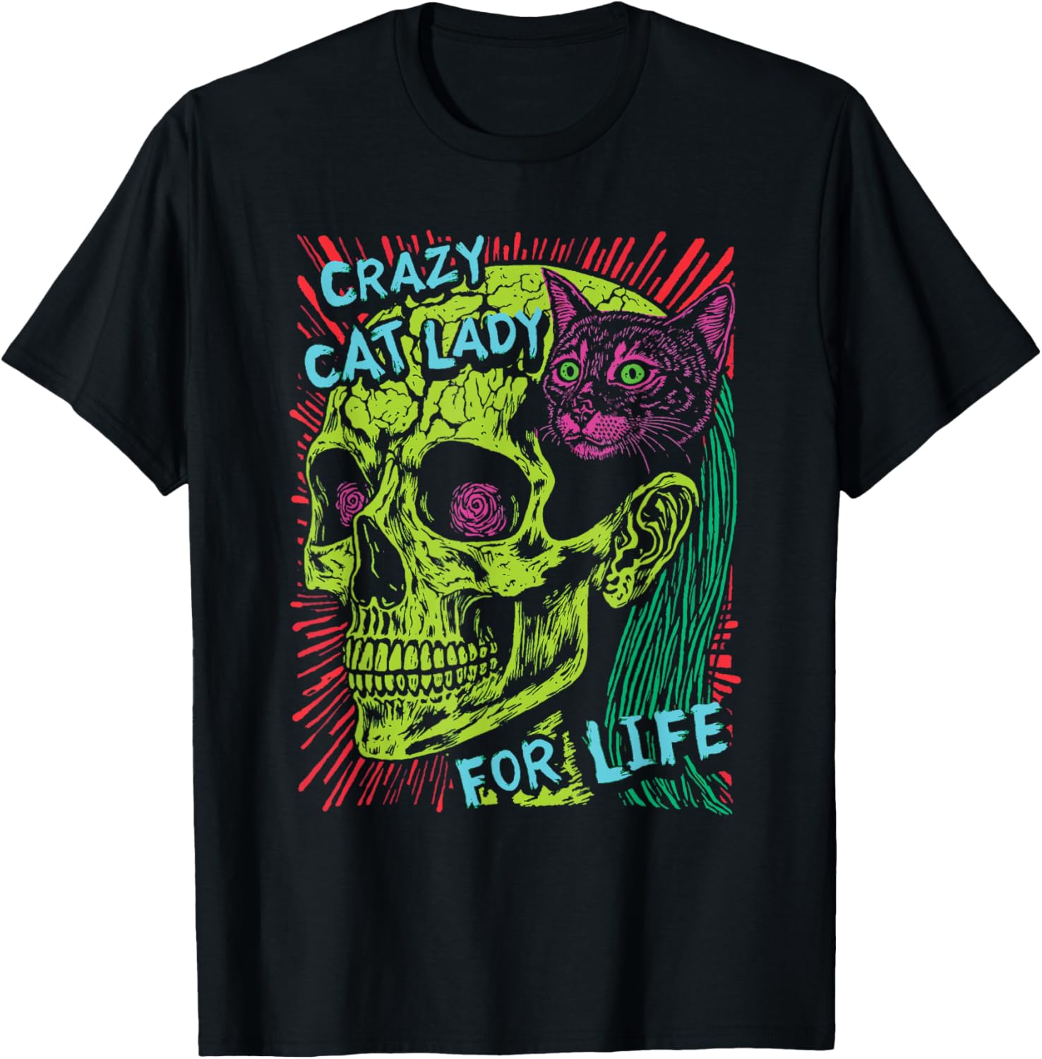 Crazy Cat Lady For Life Goth Punk Grunge Cat With Skull T-Shirt - T-Shirt | Black