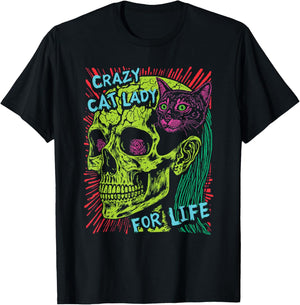 Crazy Cat Lady For Life Goth Punk Grunge Cat With Skull T-Shirt - T-Shirt | Black
