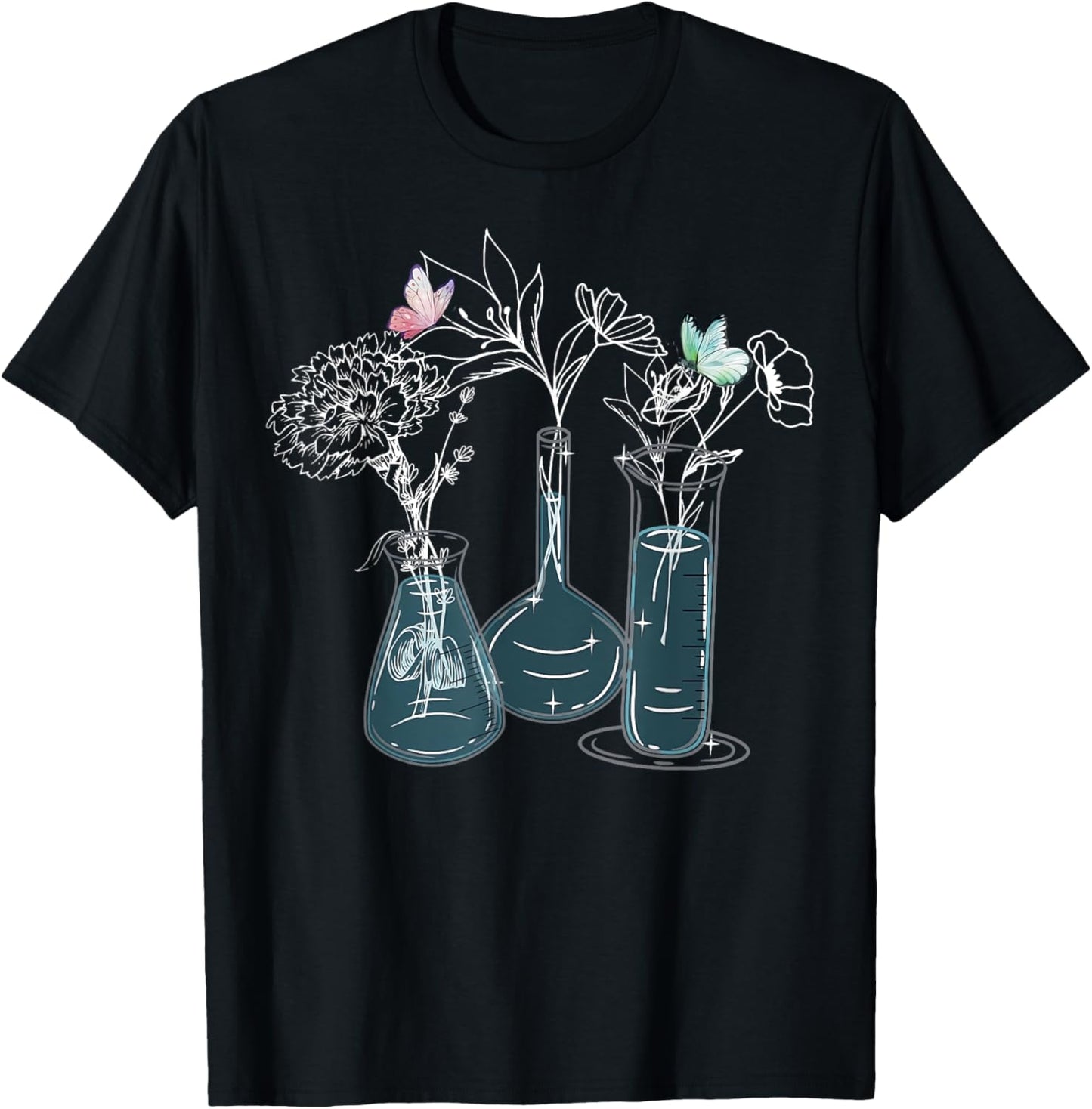 Science Laboratory Floral Flask Butterfly Biology Teacher T-Shirt - T-Shirt | Black