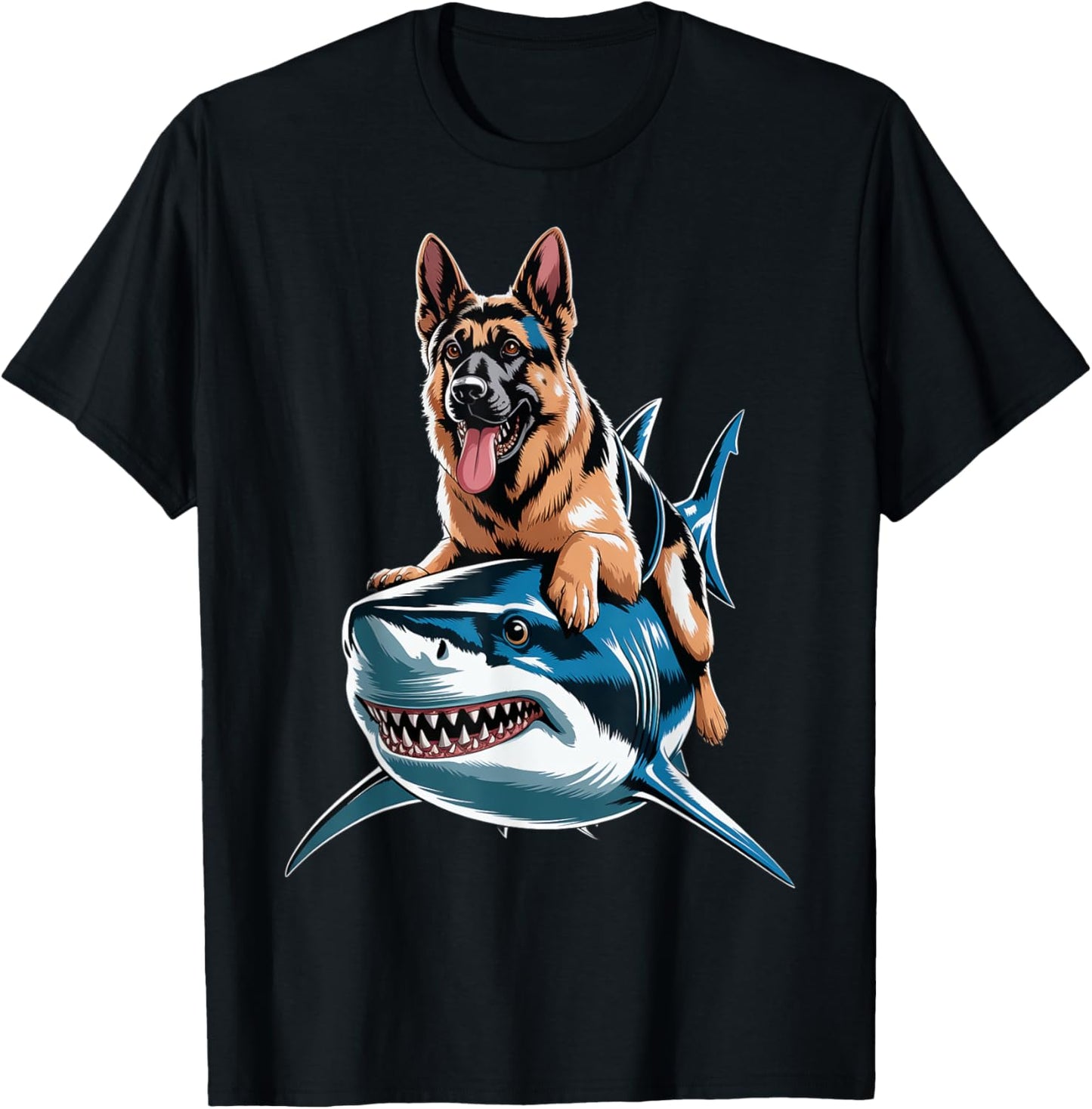 Funny German Shepherd Riding Shark T-Shirt - T-Shirt | Black