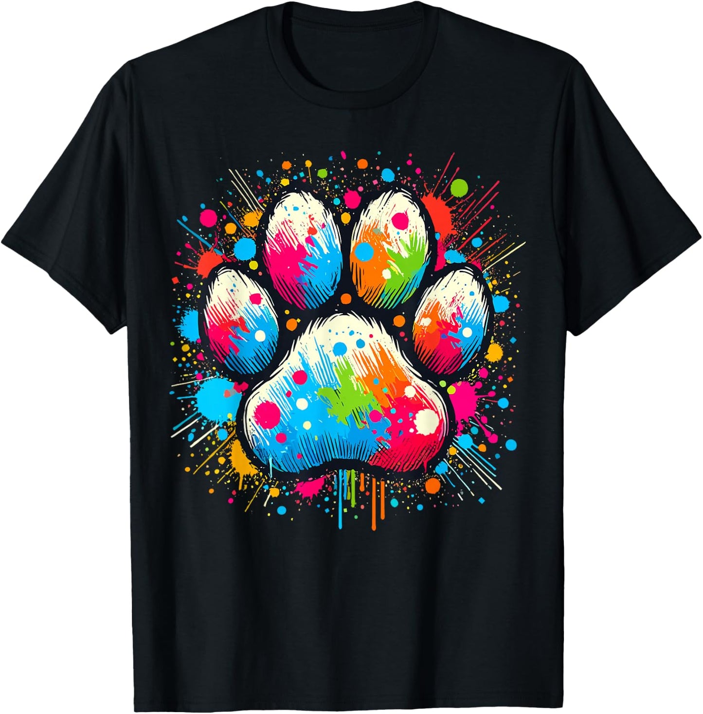 Colorful Paw Dog , -Adults & Kids, Black, Small, Short Sleeve, , Classic Fit T-Shirt - T-Shirt | Black