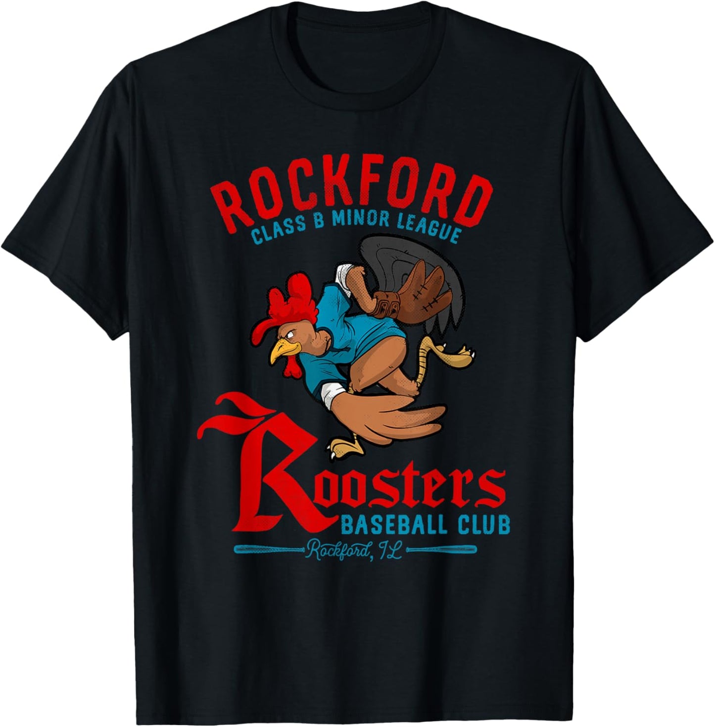 Rockford Roosters Retro Minor League Baseball Team T-Shirt - T-Shirt | Black