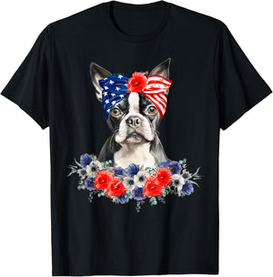Boston Terrier Dog Bandana American Flag 4th Of July T-Shirt - T-Shirt | Black