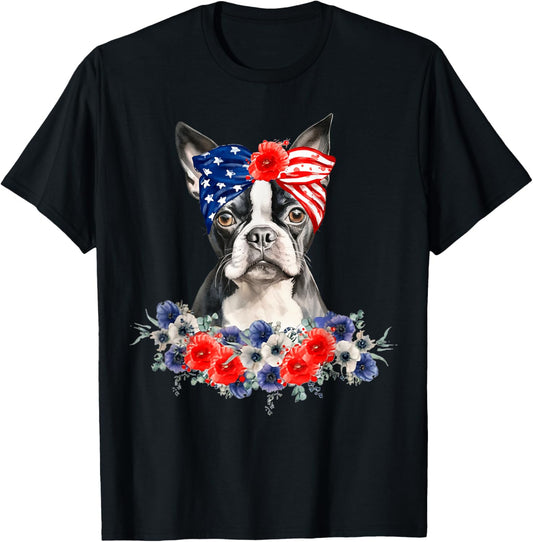 Boston Terrier Dog Bandana American Flag 4th Of July T-Shirt - T-Shirt | Black