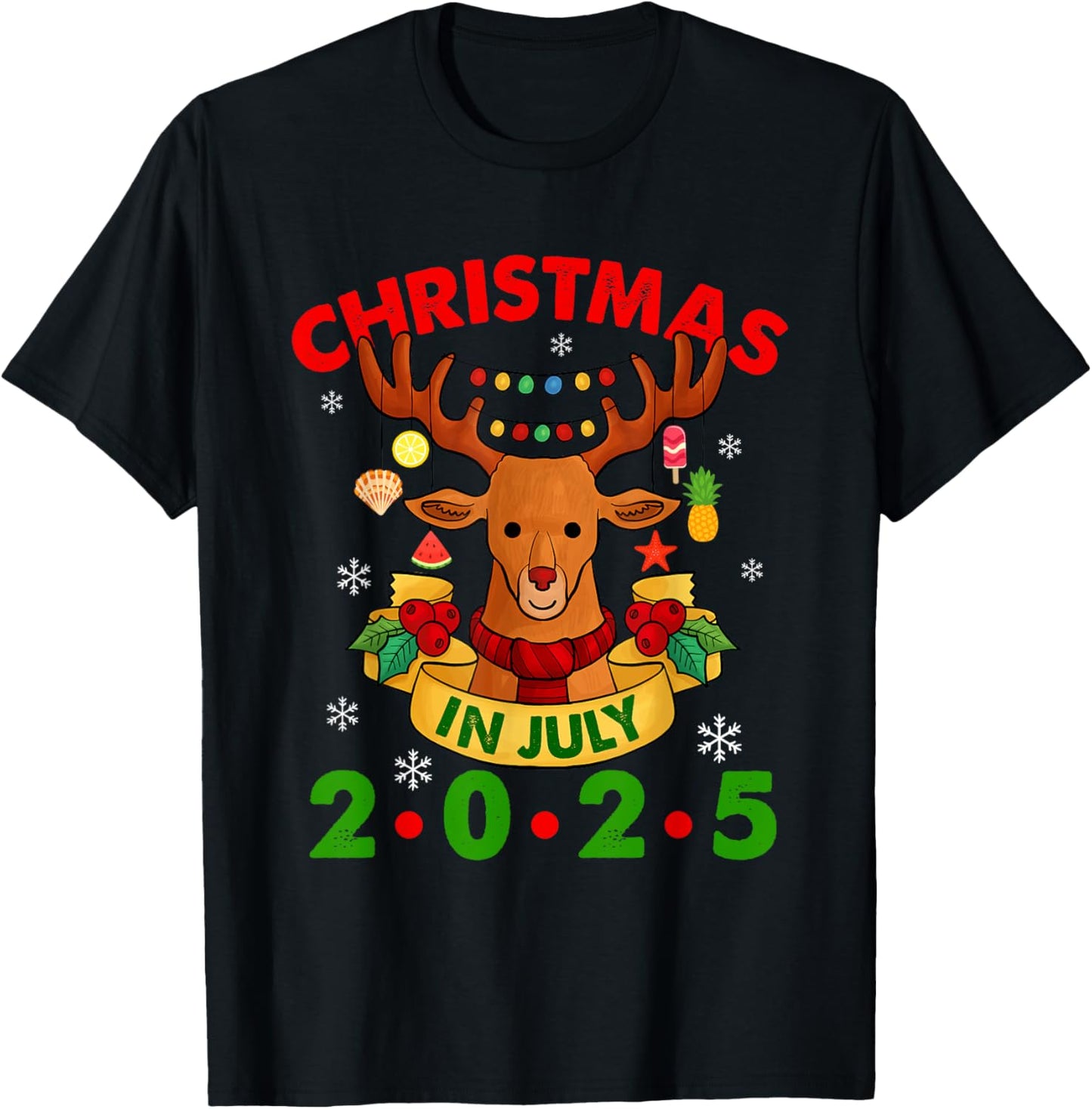Christmas In July 2025 Reindeer Xmas Lights Summer Men Women Girls Kids T-Shirt - T-Shirt | Black