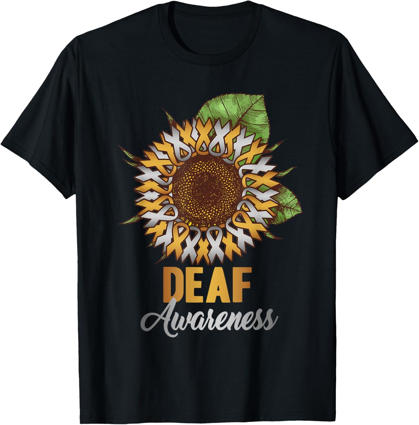 Deaf Awareness - Sunflower Gold and Silver Ribbon T-Shirt - T-Shirt | Black