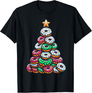 Donuts Christmas Tree Funny Doughnut Xmas Women Men Kids T-Shirt - T-Shirt | Black
