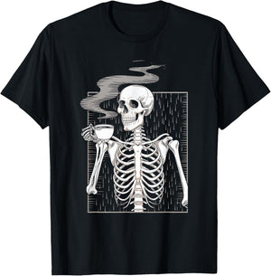 Skeleton Drinking Coffee Caffeine Skull Coffee Lover T-Shirt - T-Shirt | Black