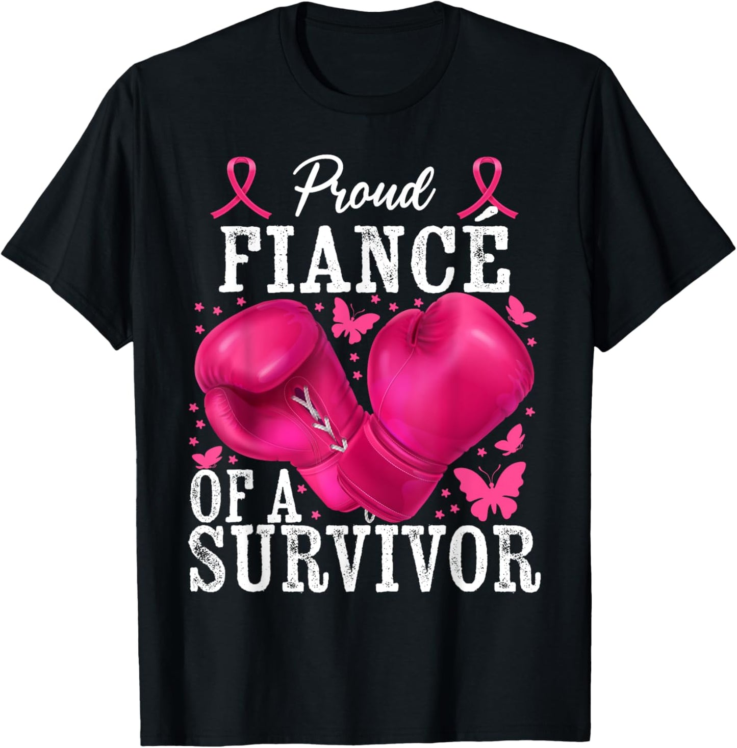 Proud Fiancé Of Survivor Breast Cancer Boxing Gloves Pink T-Shirt - T-Shirt | Black