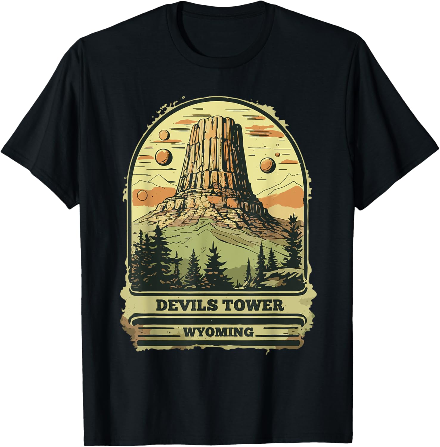 Devils Tower National Monument Wyoming Vintage Retro Travel T-Shirt - T-Shirt | Black