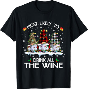 Buffalo Plaid Gnome Most Likely-To Drink All The Wine Xmas T-Shirt - T-Shirt | Black