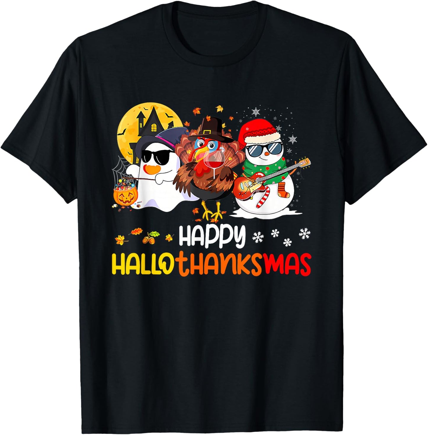 Happy Hallothanksmas Cute Ghost Halloween Thanksgiving Xmas T-Shirt - T-Shirt | Black