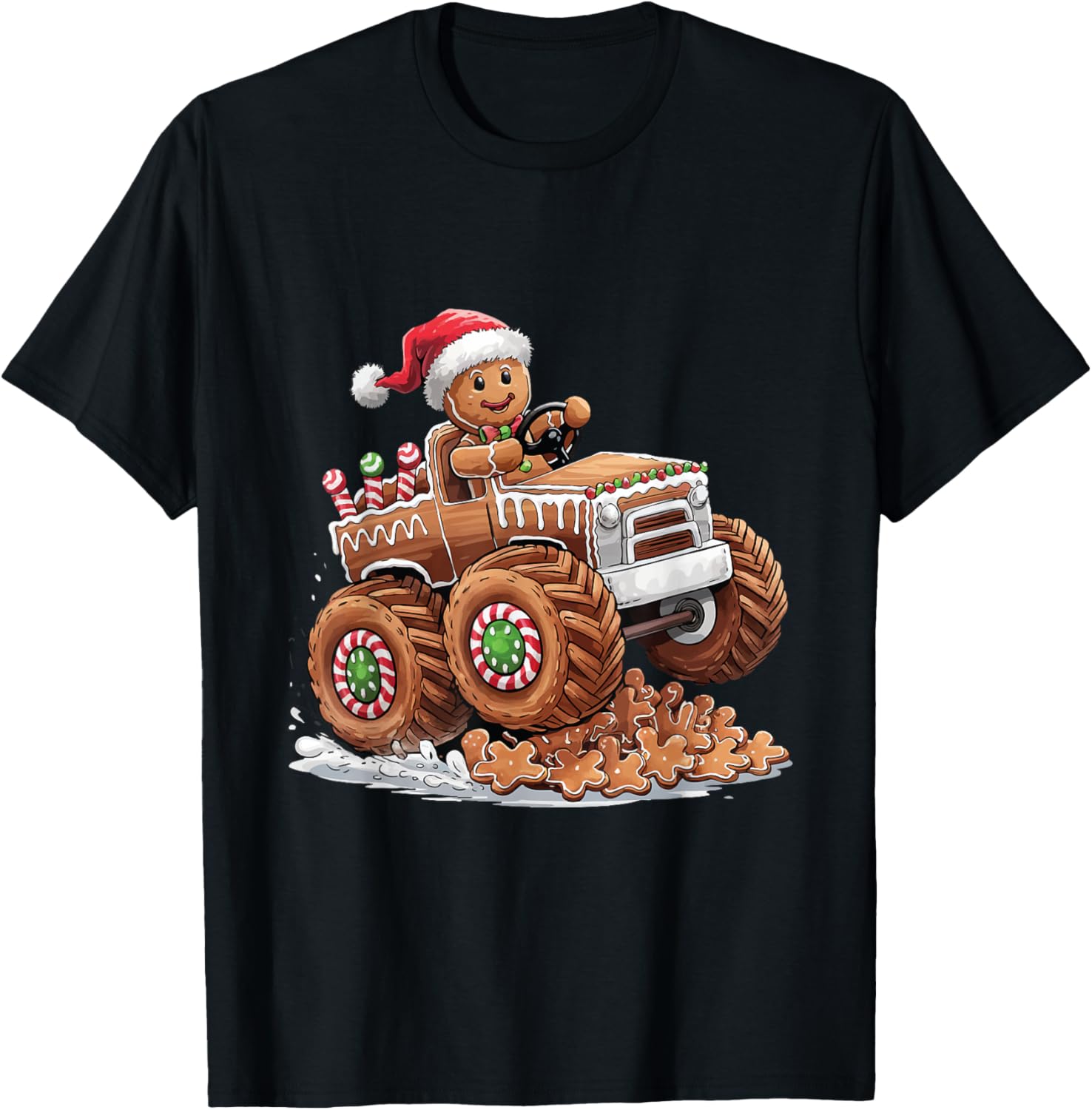 Monster Truck Gingerbread Man Funny Christmas Baking Cookies T-Shirt - T-Shirt | Black