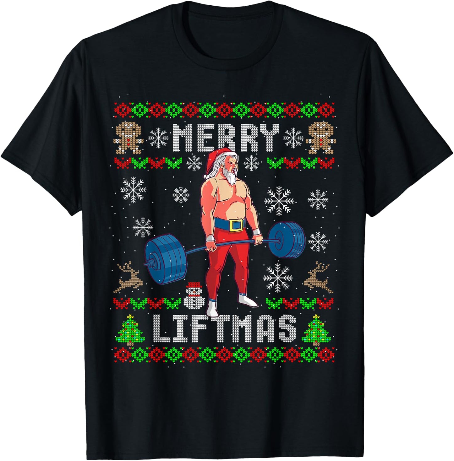 Funny Merry Liftmas Ugly Christmas Workout Powerlifting T-Shirt - T-Shirt | Black