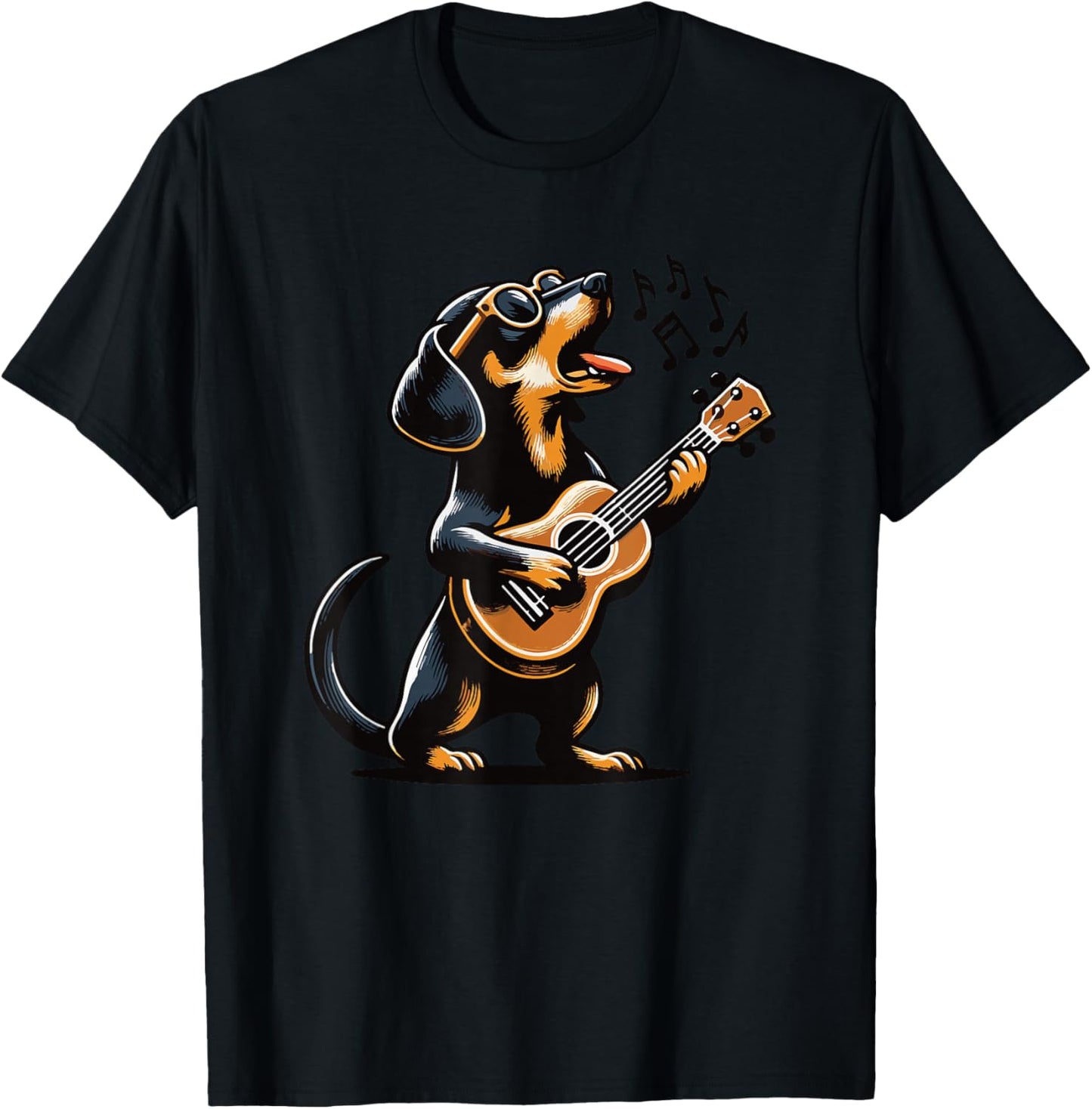 Dog Playing Guitar Singing Dachshund Wiener Dog Funny T-Shirt - T-Shirt | Black