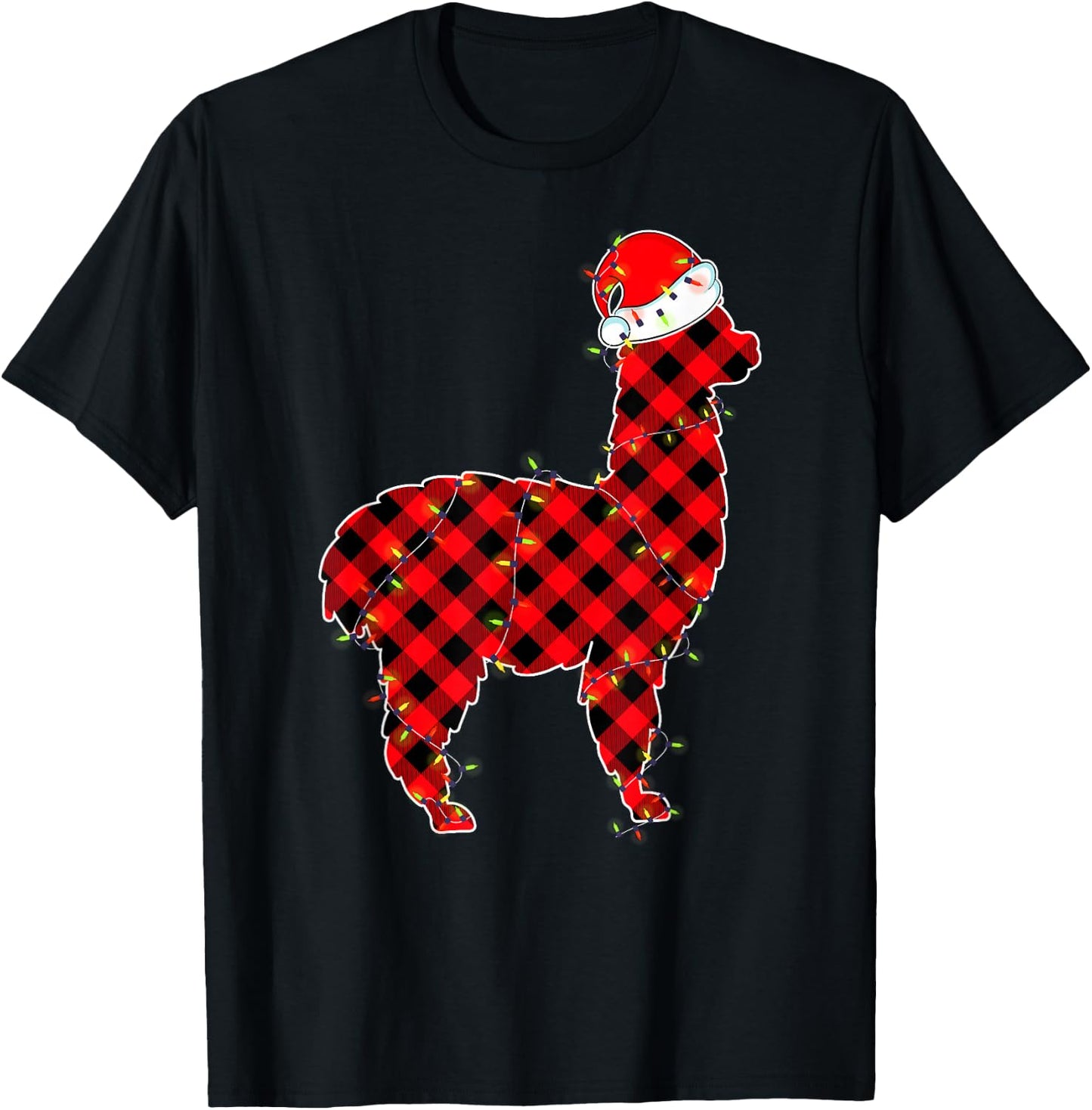 Red Plaid Llama Christmas Lights Pajamas Adult Kids T-Shirt - T-Shirt | Black