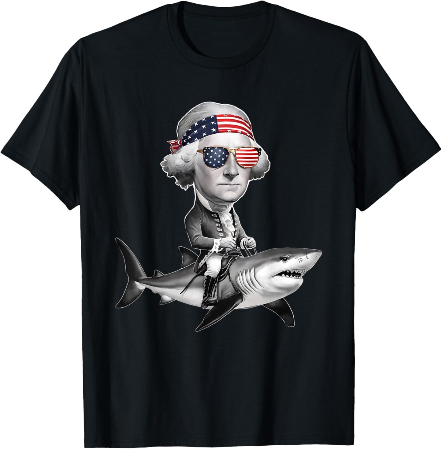 Funny George Washington Riding Shark 4th of July USA Flag Women Kids Men T-Shirt - T-Shirt | Black