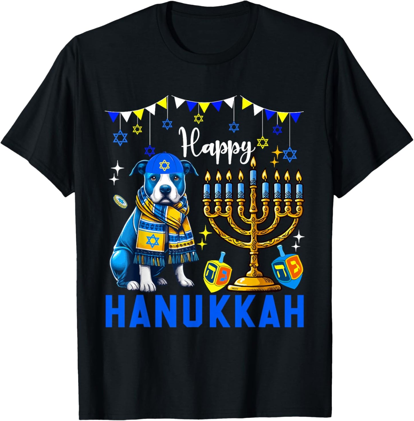 Happy Hanukkah Pit Bull Menorah Dreidel Dog Owner Lover T-Shirt - T-Shirt | Black