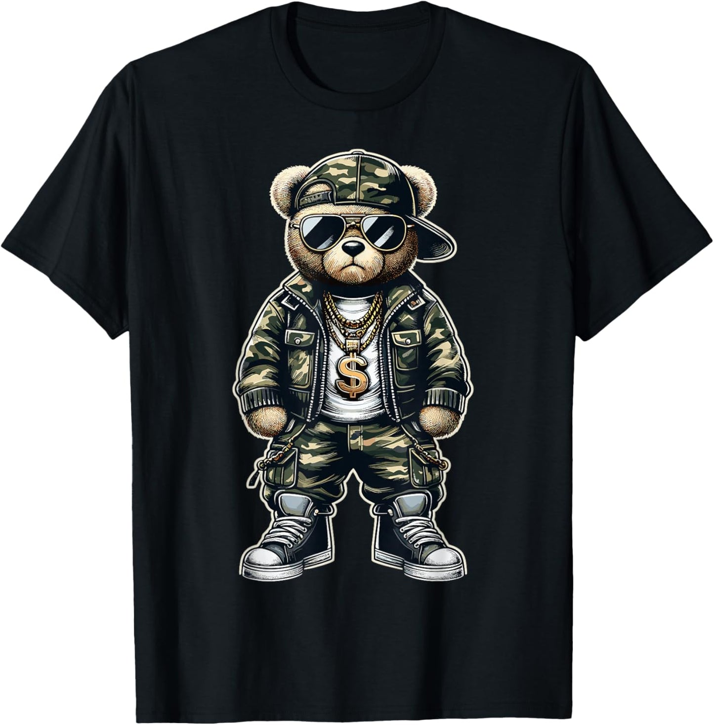 Camouflage Hip Hop Teddy Bear T-Shirt - T-Shirt | Black
