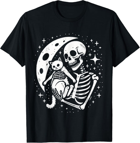Vintage Skeleton Cat Skull Goth Halloween Men Women Kids T-Shirt - T-Shirt | Black