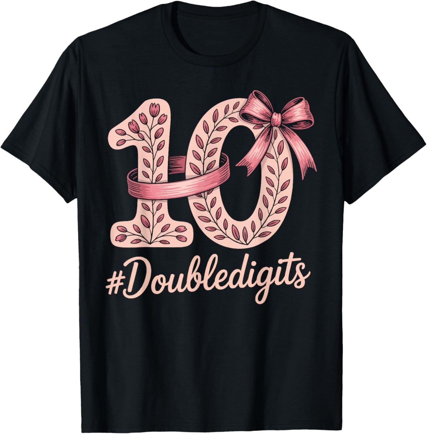 10 Birthday Girl Pink Coquette Bow Double Digits 10 Birthday T-Shirt - T-Shirt | Black