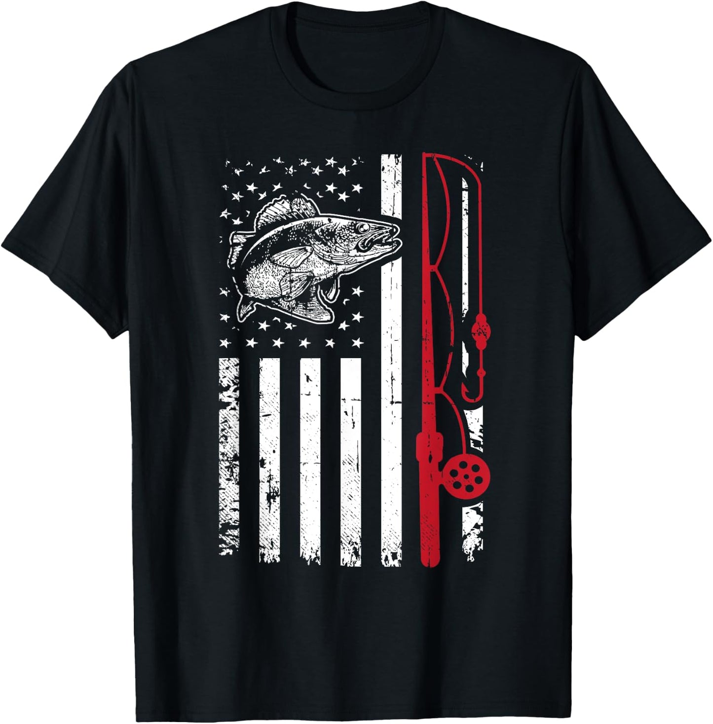 Vintage Walleye Fish T Shirt Fishing American Flag Gift T-Shirt - T-Shirt | Black
