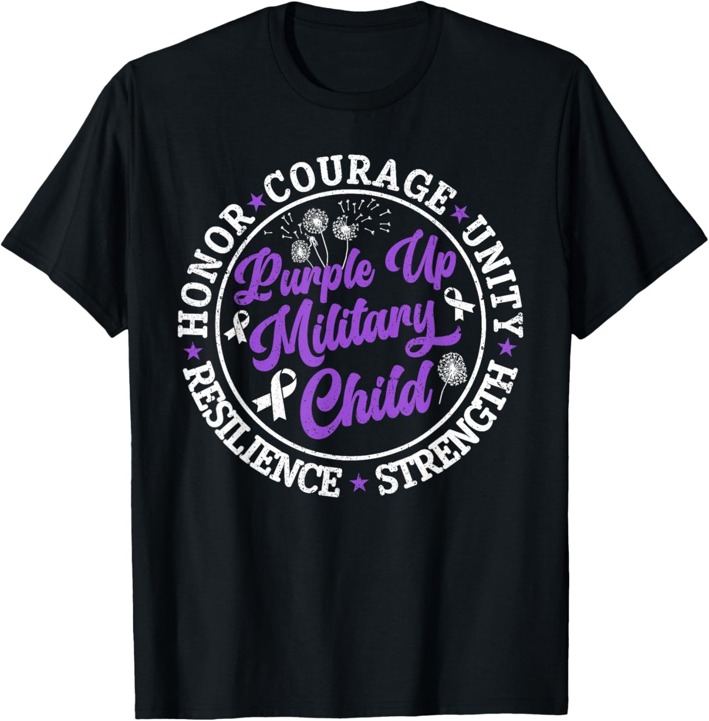 Purple Up Military Child 2024 Honor Courage Unity Dandelion T-Shirt - T-Shirt | Black