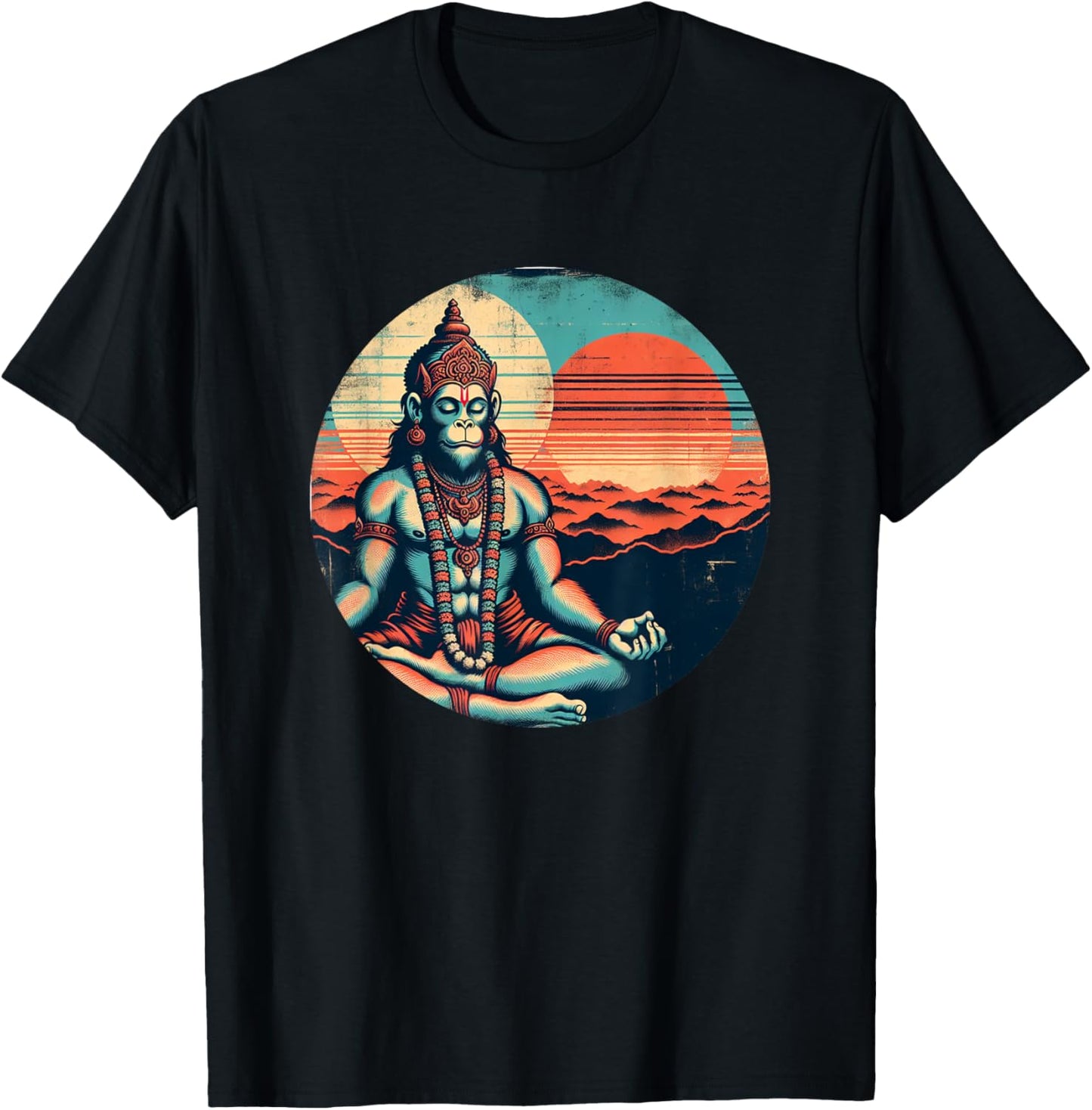 Meditating Hanuman Vintage Sunset Empowering Yoga Meditation T-Shirt - T-Shirt | Black