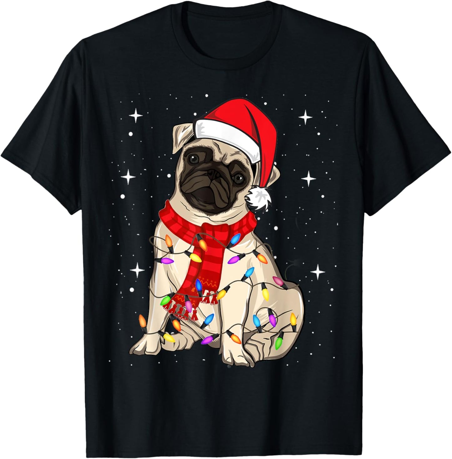 Pug Dogs Christmas Light Santa Hat Puggy Lover Xmas T-Shirt - T-Shirt | Black