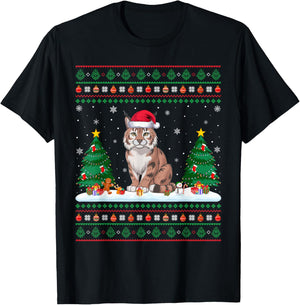 Christmas Tree Lights Bobcat Santa Ugly Xmas Sweater Men Women Kids T-Shirt - T-Shirt | Black