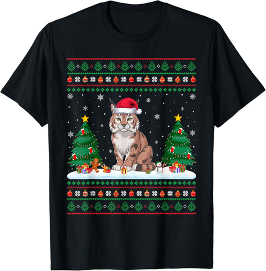 Christmas Tree Lights Bobcat Santa Ugly Xmas Sweater Men Women Kids T-Shirt - T-Shirt | Black