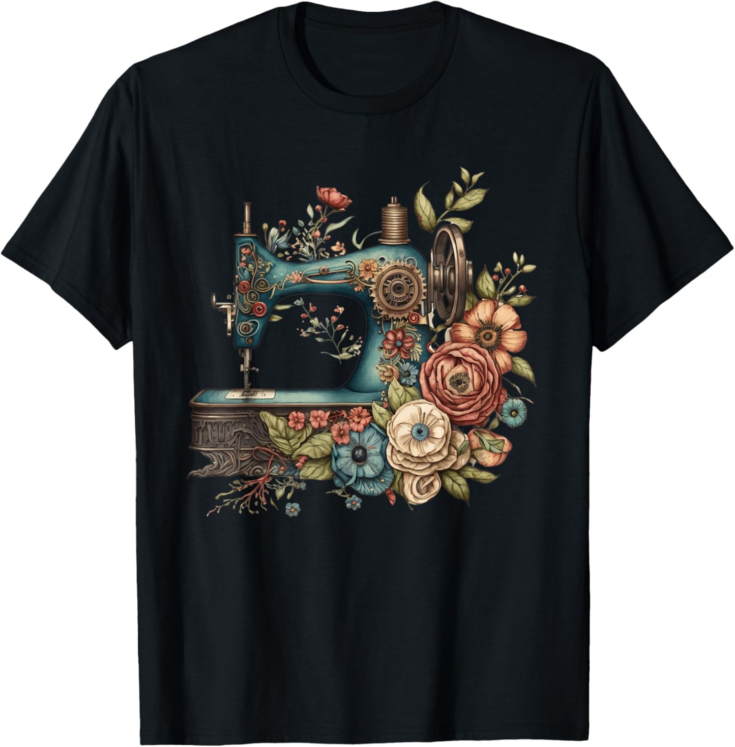 Floral Sewing Machine - Flower Seamstress Sewing Machine T-Shirt - T-Shirt | Black