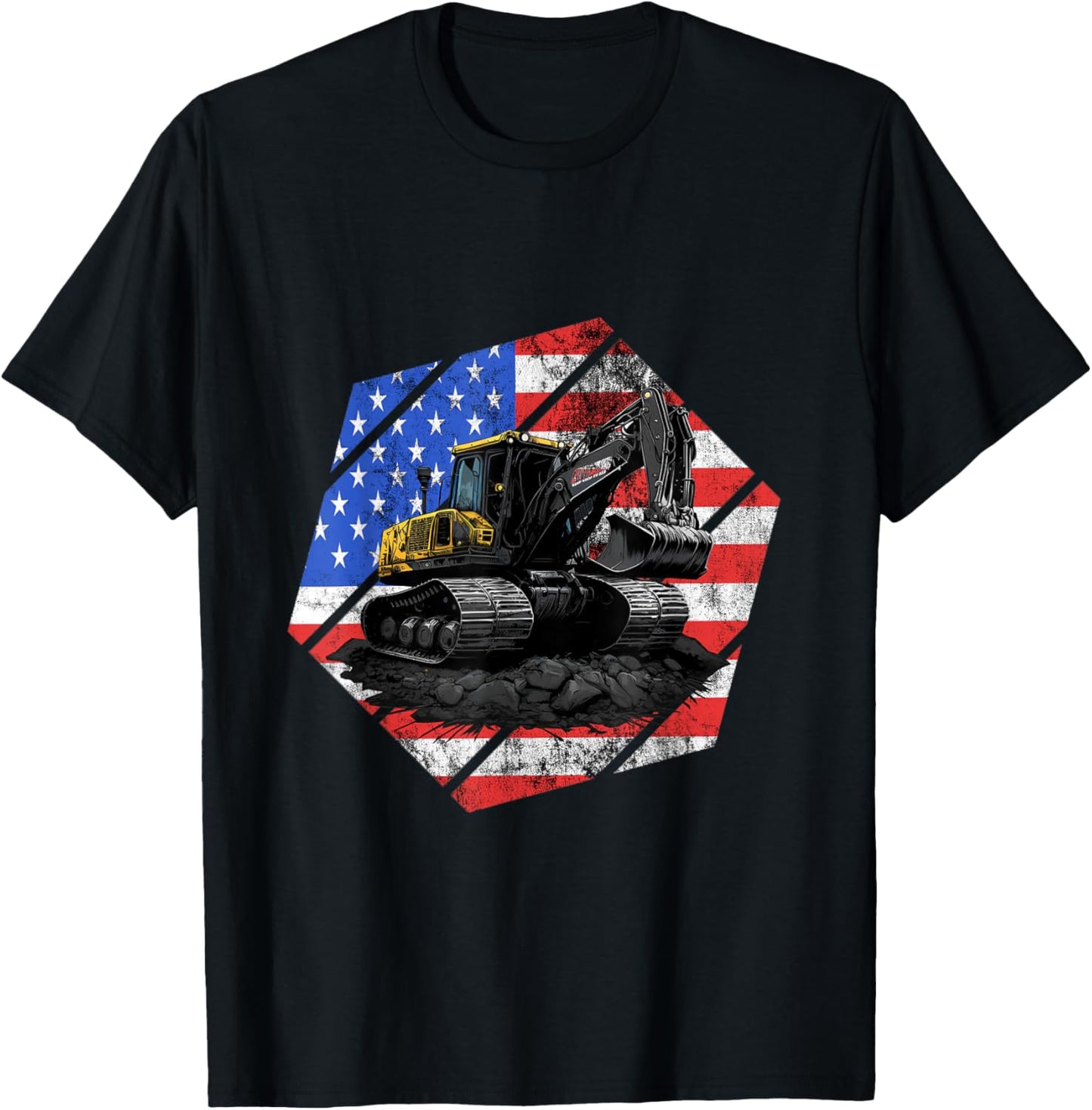 Vintage Excavator Backhoe USA Flag Construction Truck T-Shirt - T-Shirt | Black