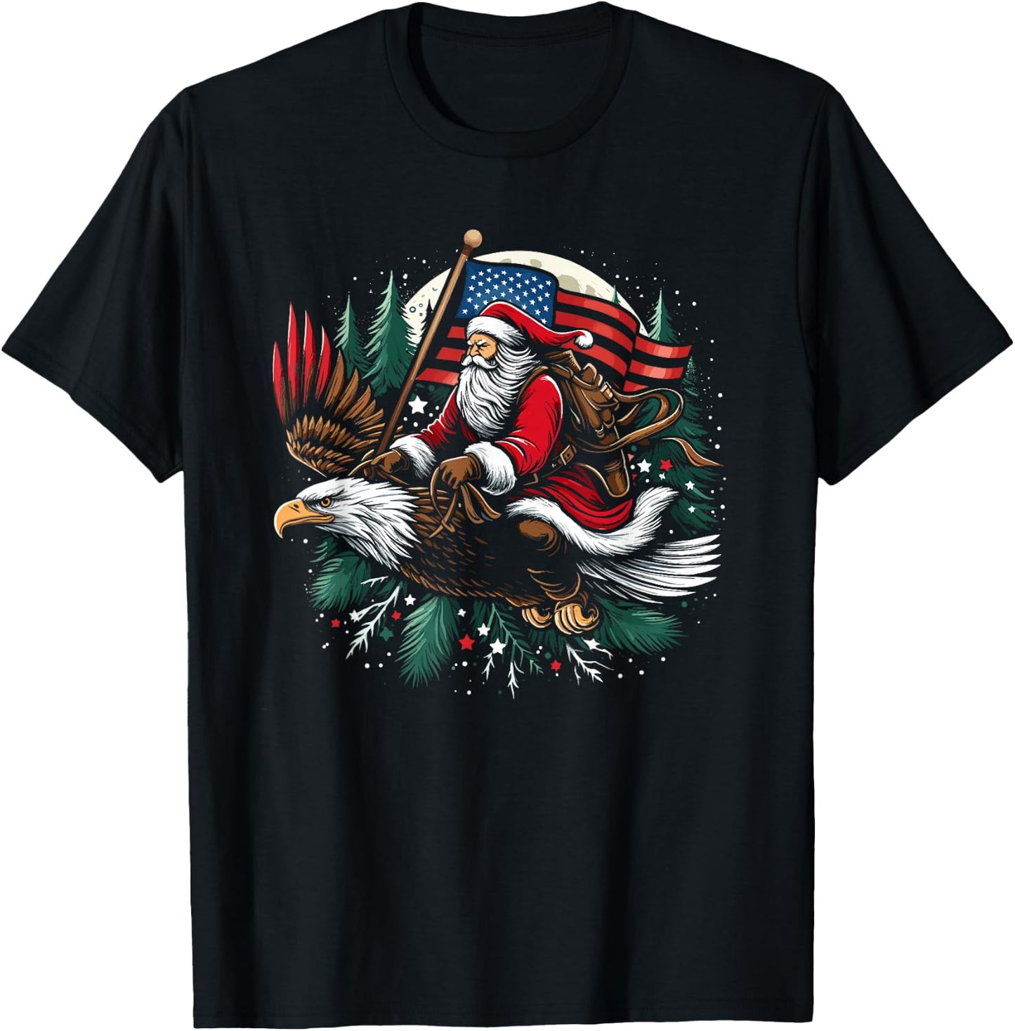 Santa Riding Eagle USA Flag Christmas T-Shirt - T-Shirt | Black