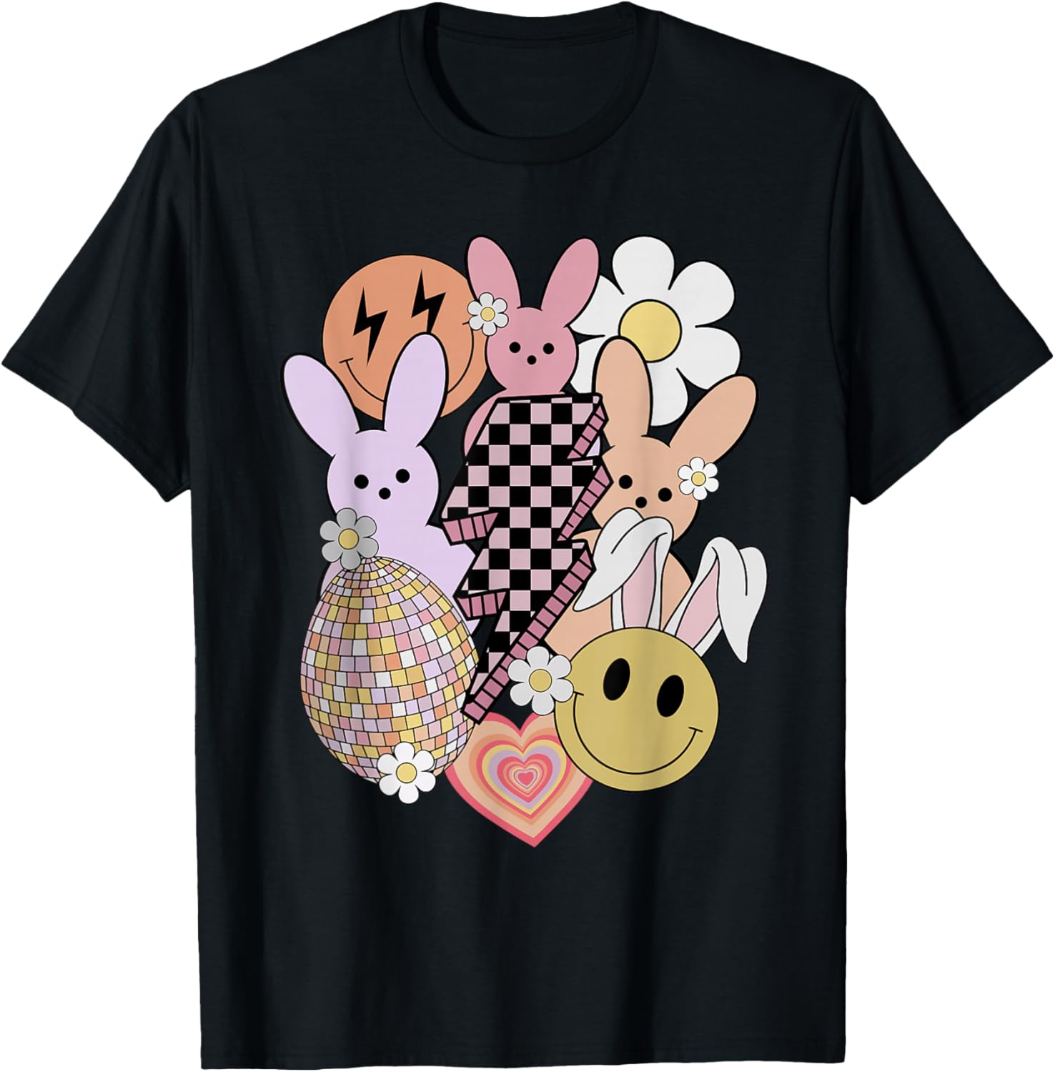 Retro Groovy Easter Vibes Smile Face Rabbit Bunny Women Girl T-Shirt - T-Shirt | Black