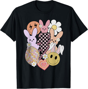 Retro Groovy Easter Vibes Smile Face Rabbit Bunny Women Girl T-Shirt - T-Shirt | Black