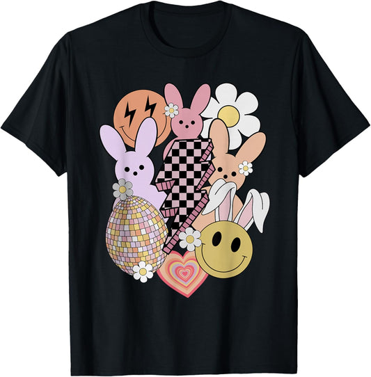 Retro Groovy Easter Vibes Smile Face Rabbit Bunny Women Girl T-Shirt - T-Shirt | Black
