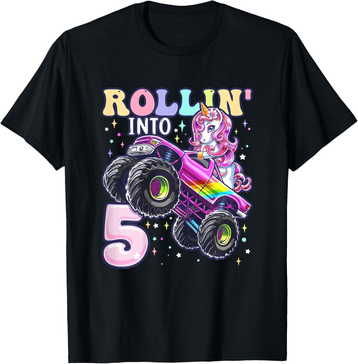 Unicorn Monster Truck 5th Birthday 5 Year Old Girls Party T-Shirt - T-Shirt | Black