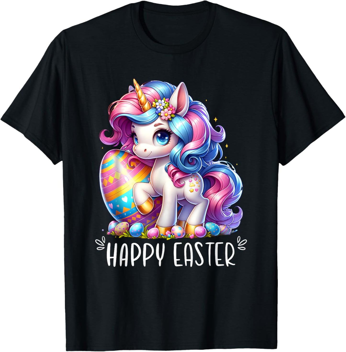 Unicorn Happy Easter Day Bunny Rainbow Egg Girls Kids T-Shirt - T-Shirt | Black