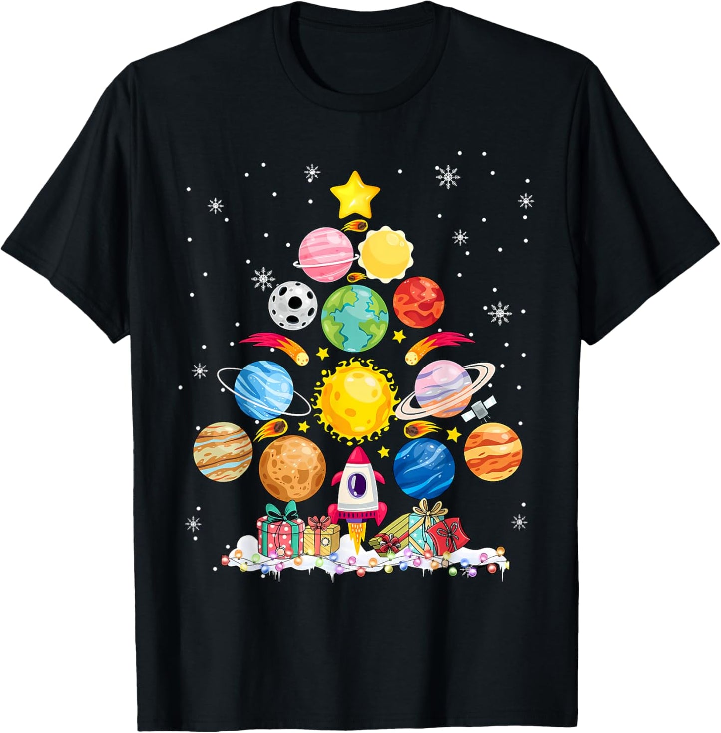 Solar System Christmas Tree Planet Astronomy Science Teacher T-Shirt - T-Shirt | Black