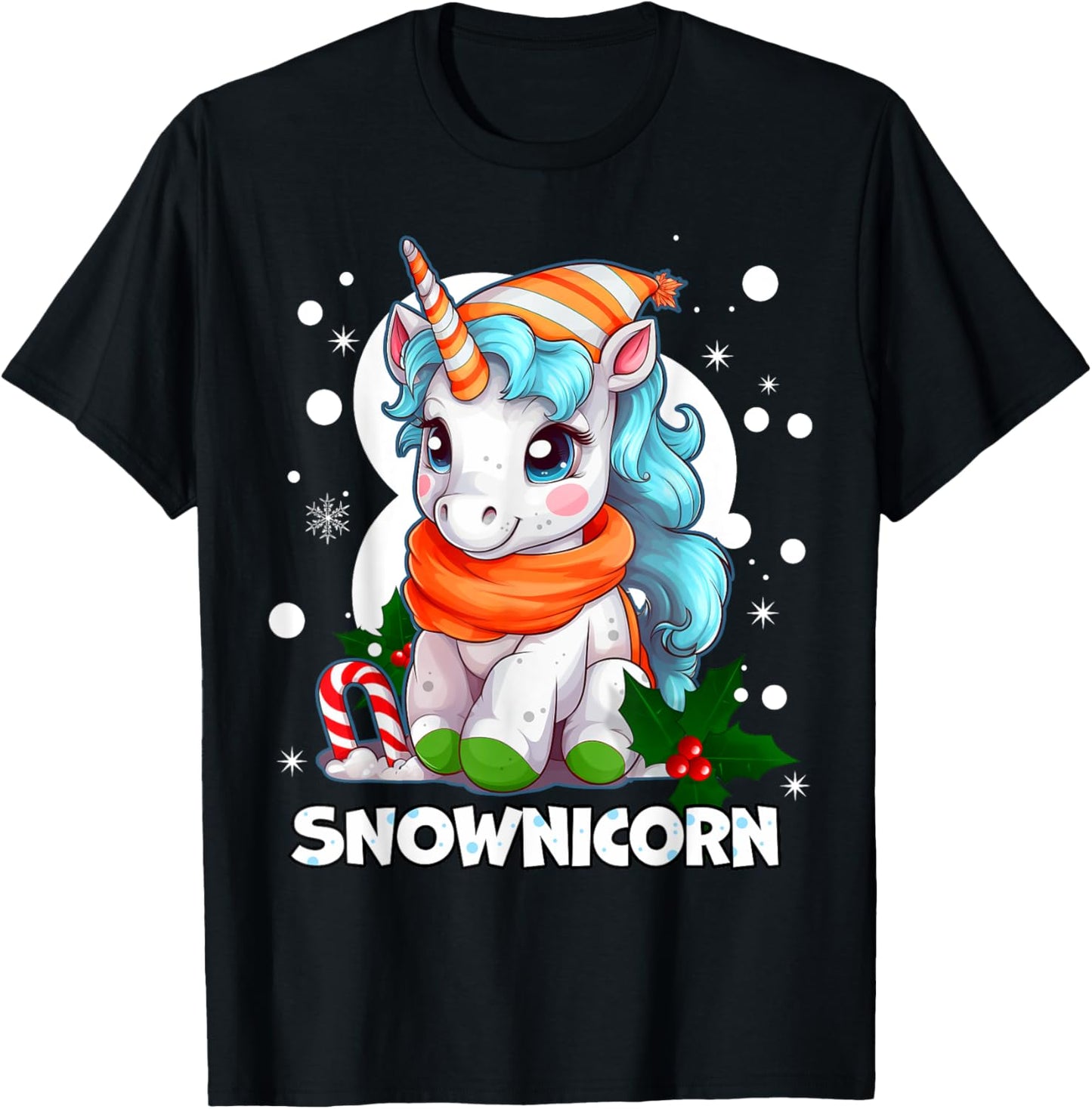 Snownicorn Cute Unicorn Snowman Christmas Girl T-Shirt - T-Shirt | Black
