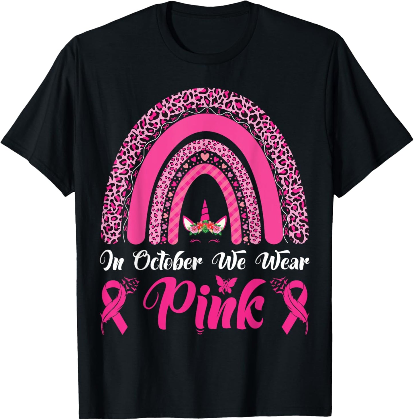 In October We Wear Pink Ribbon Unicorn Leopard Rainbow T-Shirt - T-Shirt | Black