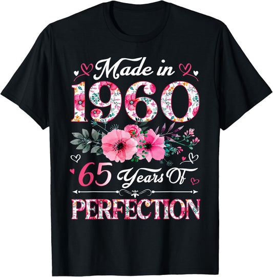 65 Year Old Made In 1960 Floral 65th Birthday Women T-Shirt - T-Shirt | Black
